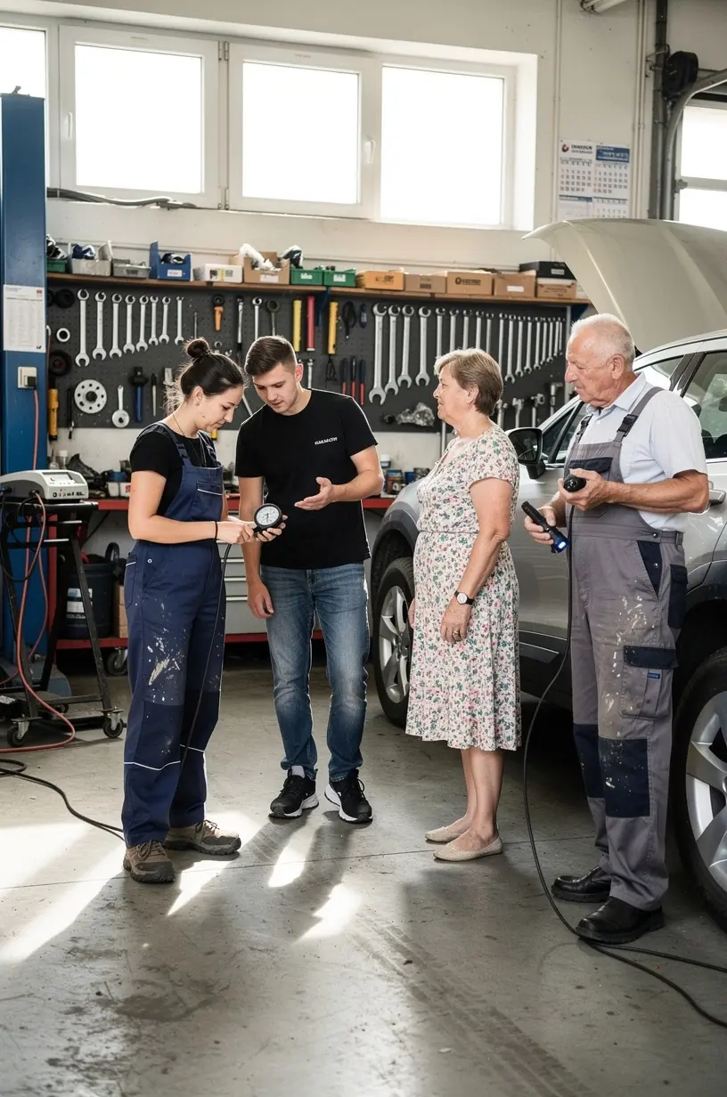 Servisný technik mení olej a filtre v osobnom automobile pred technickou kontrolou.