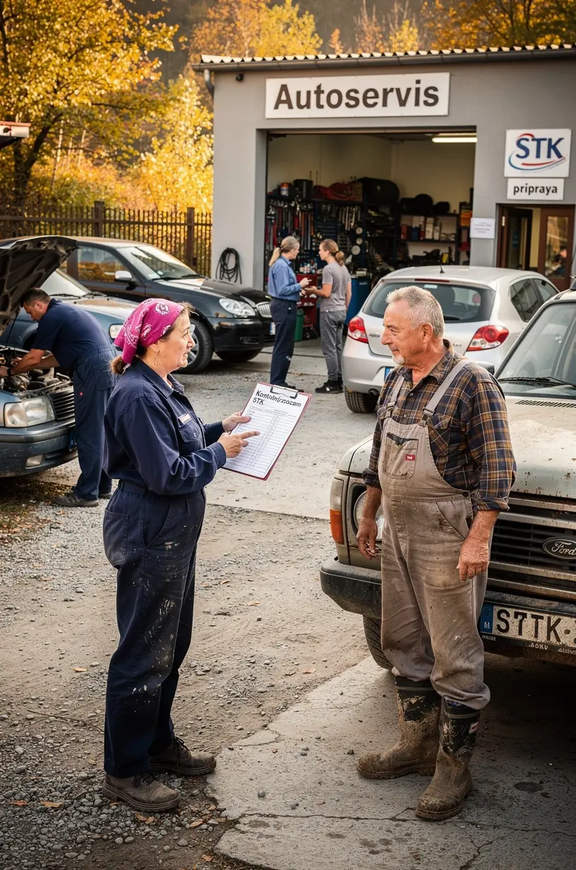 Zamestnanec autoservisu meria emisie výfukových plynov moderným prístrojom.